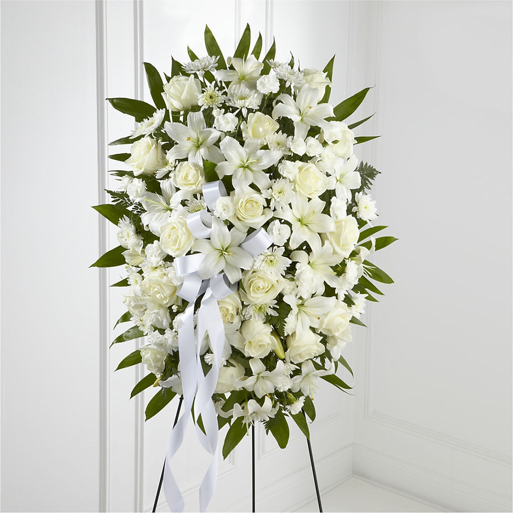 Exquisite Tribute Standing Spray-White Ribbon – Bird Of Paradise Flowers, Bristol PA