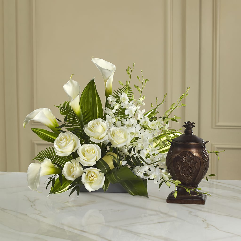 white lilies in paradise At Peace Arrangement – white flower arrangement | Bristol, PA